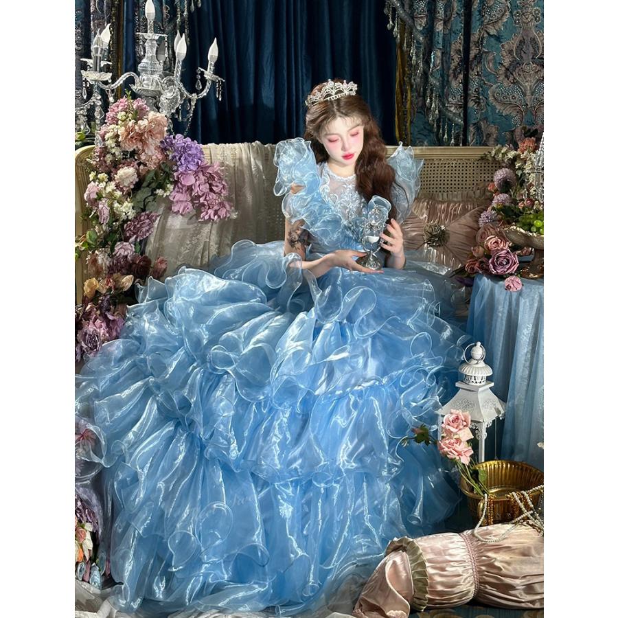 カラードレス ブルー ホワイト ウェディングドレス ボリューム 結婚式