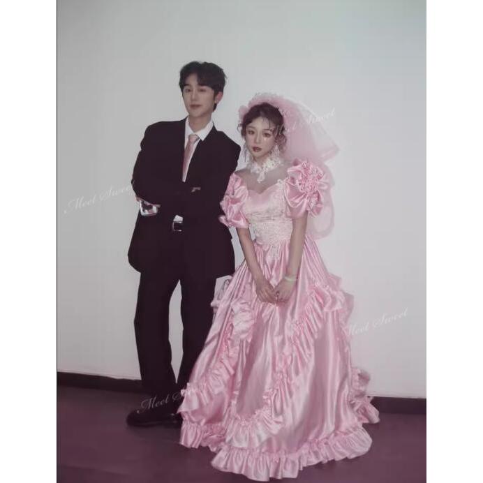 カラードレス ピンク パフスリーブ ウェディングドレス 結婚式 二次会