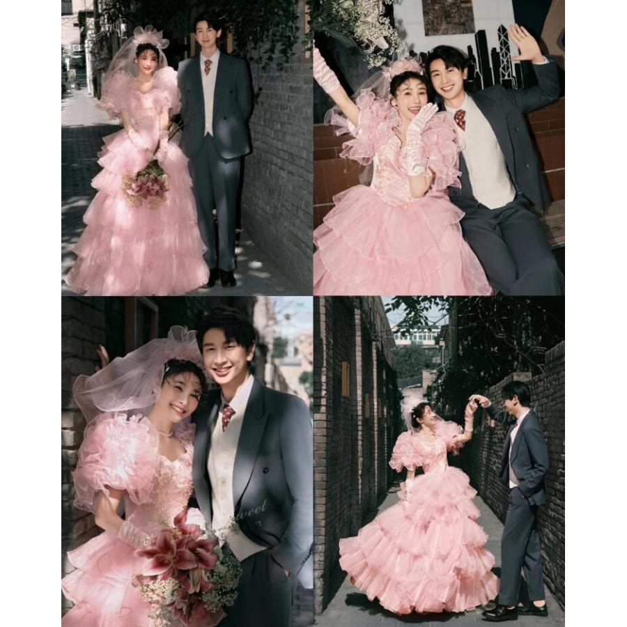 カラードレス ウェディングドレス ピンク フリル ボリューム袖 結婚式