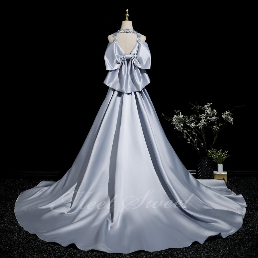 ribbon dress 9号 約Mサイズ(ウエディング結婚式発表会演奏会 カラードレス スパンコール シルバー ノースリーブ リボン 演奏会 発表