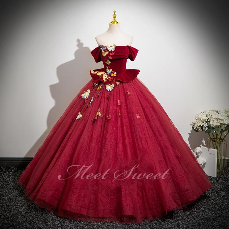 カラードレス ワインレッド オフショルダー 演奏会 発表会 二次会 花嫁