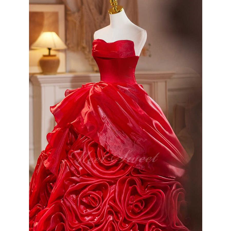 カラードレス レッド ベアトップ オーガンジー 光沢 フラワー 演奏会  