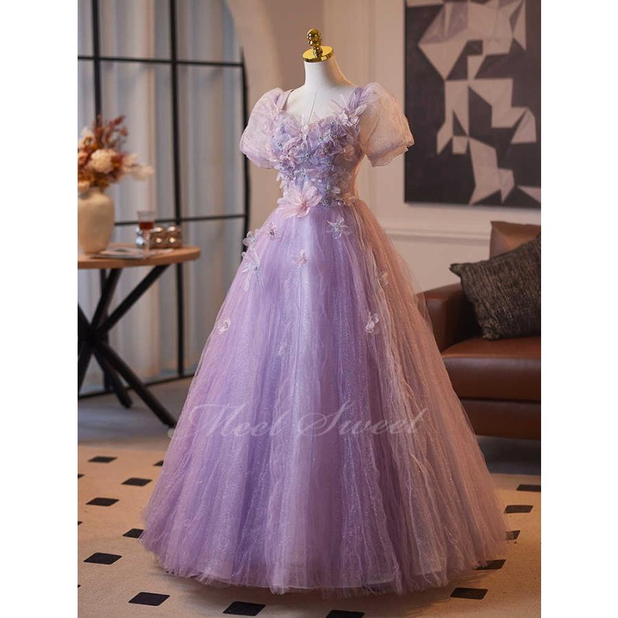 カラードレス パープル パフスリーブ 演奏会 発表会 二次会 花嫁