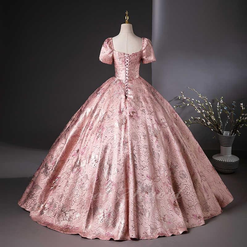 カラードレス ジャガード ピンク 半袖 スクエアネック 演奏会 発表会