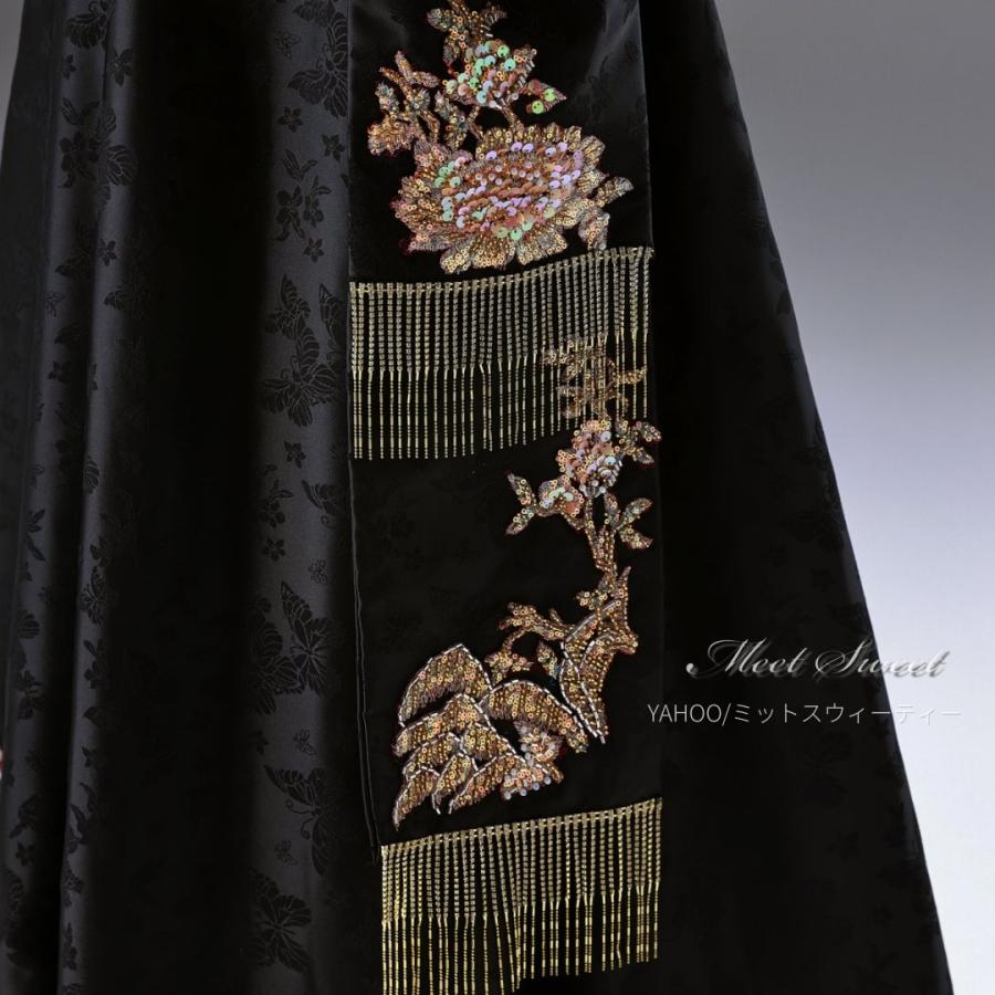 演奏会ドレス 刺繍 ジャガード ブラック 黒 ビーズ カラーロングドレス