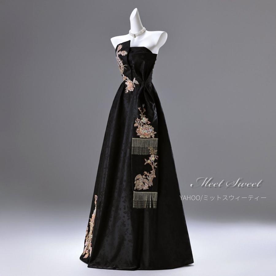 演奏会ドレス 刺繍 ジャガード ブラック 黒 ビーズ カラーロングドレス
