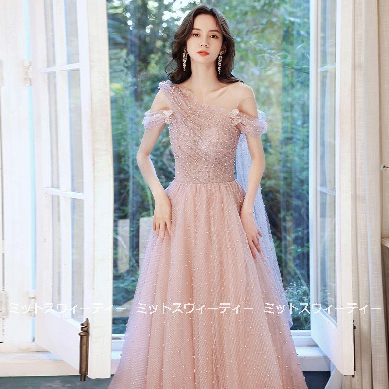Aラインドレス ロング カラードレス 演奏会 コンサート 安い 結婚式 ウエディングドレス 二次会 花嫁 発表会 ピンク オフショルダー カクテルドレス おしゃれの画像