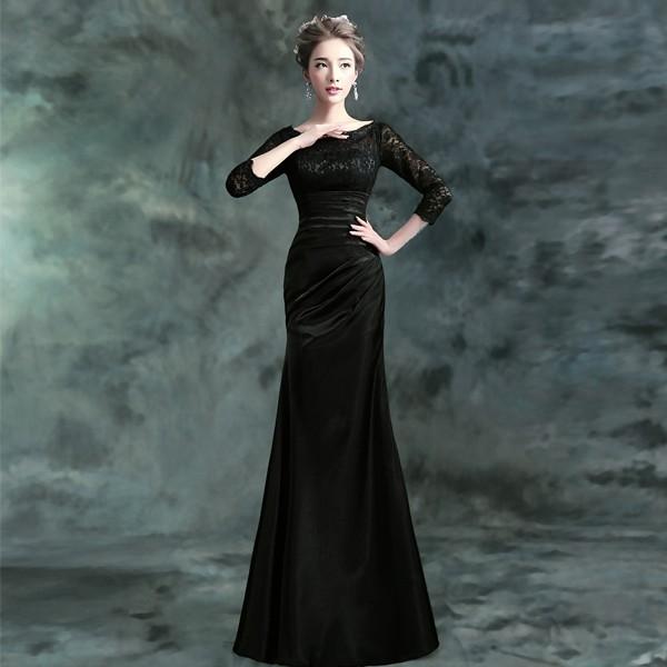マーメイドドレス 長袖 ロング カラードレス 黒 安い パーティードレス  