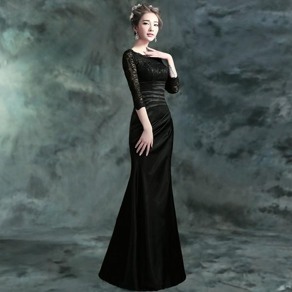 マーメイドドレス 長袖 ロング カラードレス 黒 安い パーティードレス