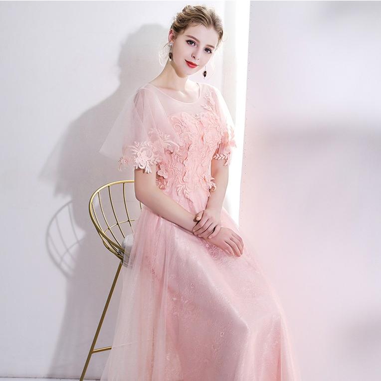 カラードレス ピンク 半袖 パーティードレス ロング 結婚式 フォーマル