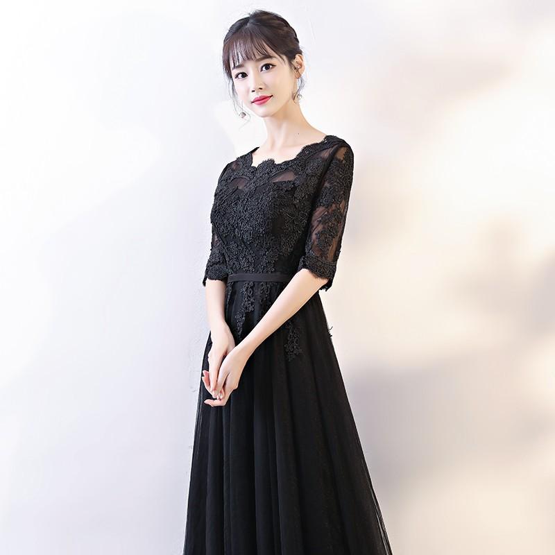 カラードレス 演奏会 黒 ロングドレス 安い 長袖 カクテルドレス 結婚