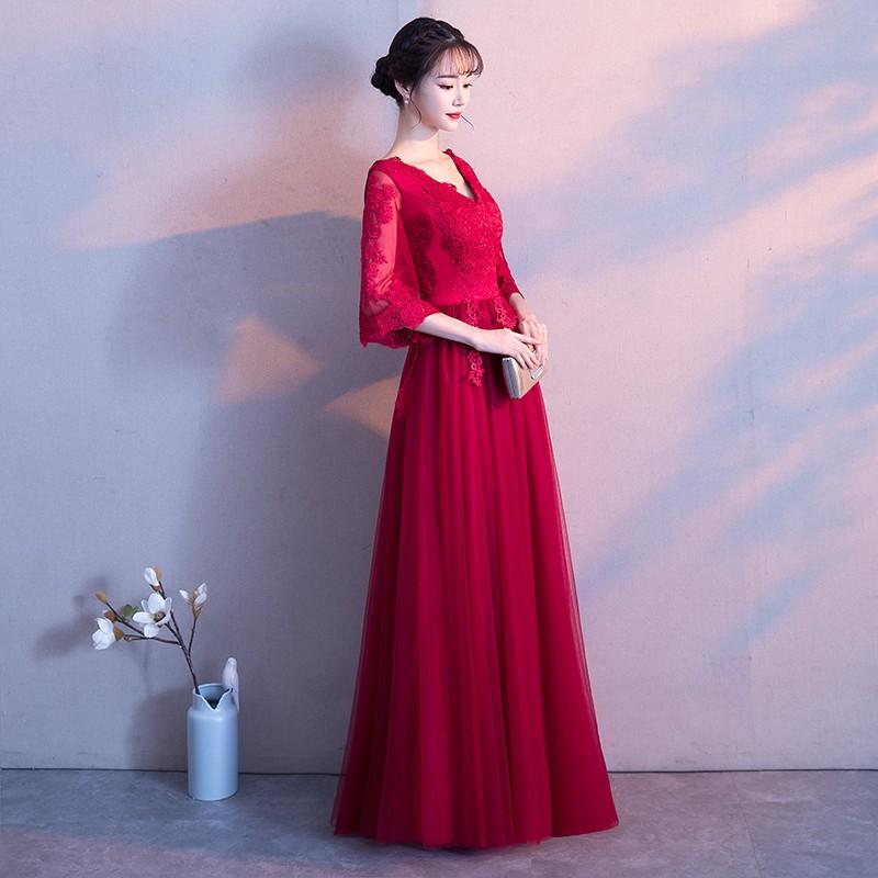 カラードレス 演奏会 安い ロングドレス 袖ありカクテルドレス 結婚式 イブニングドレス 花嫁 二次会 フォーマルドレス パーティードレス ステージ衣装_3