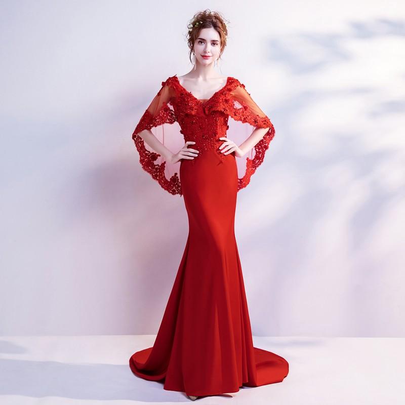 マーメイドドレス 安い 演奏会 ロングドレス カラードレス 赤 花嫁