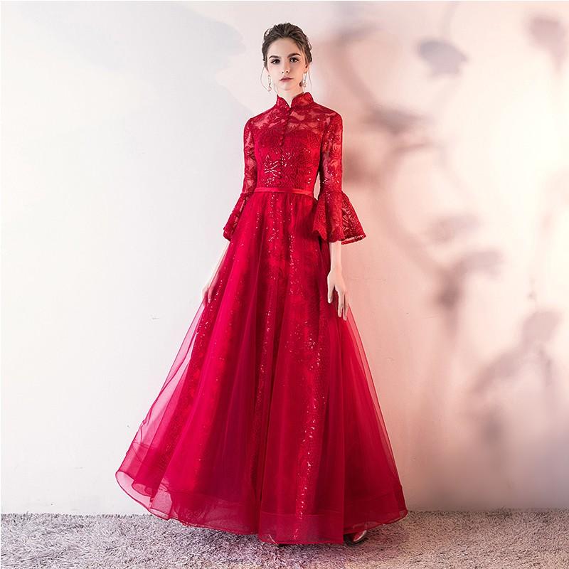 カラードレス 長袖 安い ロングドレス 演奏会 赤 カクテルドレス 結婚