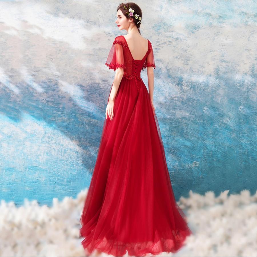 カラードレス 赤 安い ロングドレス 演奏会 イブニングドレス 花嫁