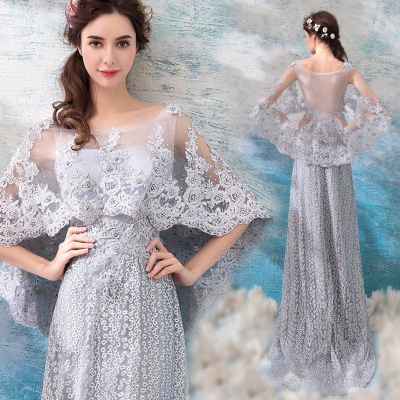 ロングドレス 安い カラードレス グレー 結婚式 袖あり パーティー  