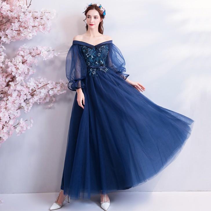 ロングドレス 安い カラードレス 演奏会 青 イブニングドレス 花嫁