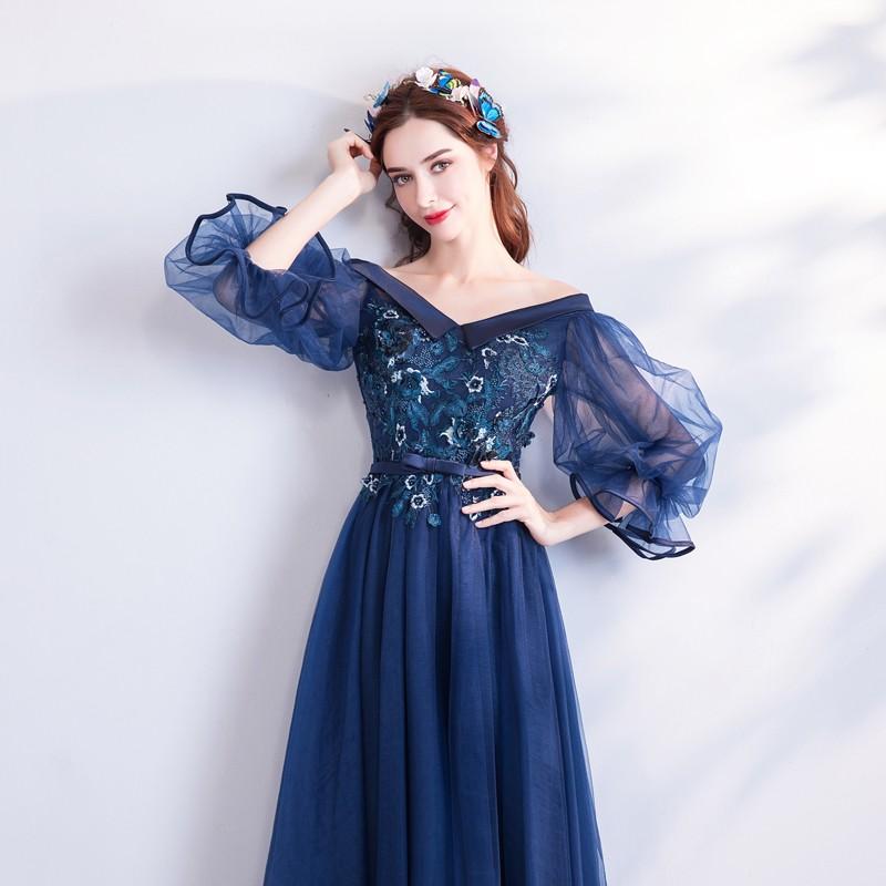 ロングドレス 安い カラードレス 演奏会 青 イブニングドレス 花嫁