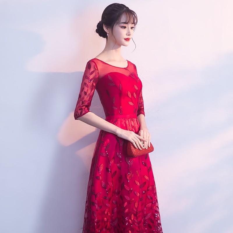 カラードレス 安い 赤 パーティードレス 花嫁 ロングドレス 演奏会 袖