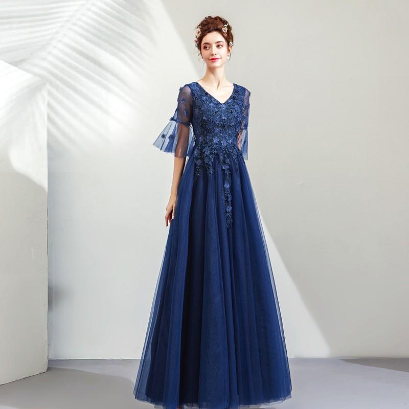 ロングドレス 袖あり カラードレス 青 パーティードレス 演奏会 結婚式