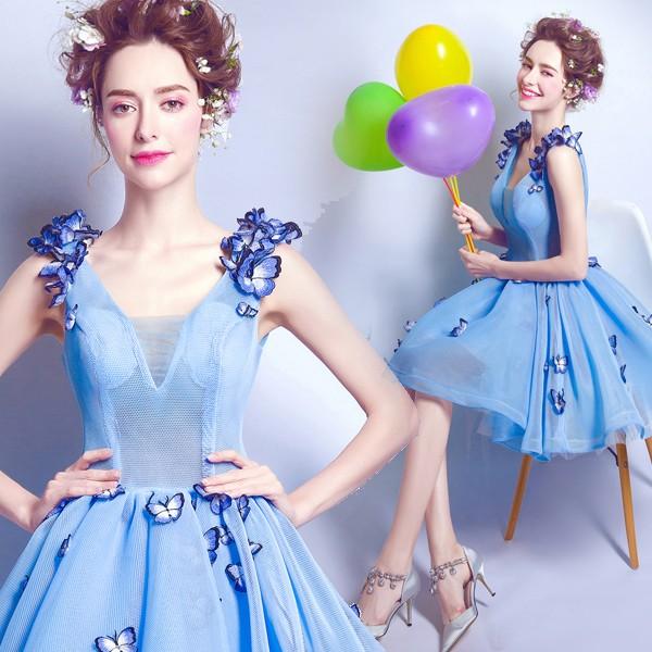 ミニドレス 披露宴 花嫁 ミニドレス 安い パーティードレス 二次会 コンサート 結婚式 カラードレス ミニ 演奏会 プリンセス 韓国 ウェディングミニドレス 青