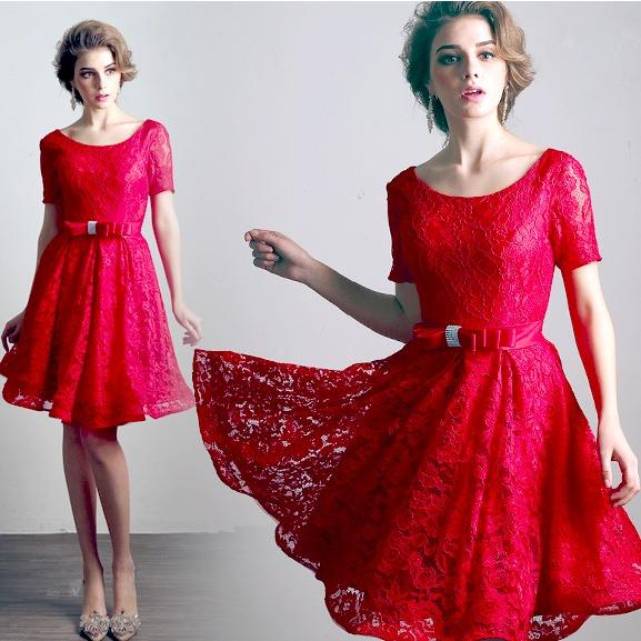 カラーミニドレス 半袖 花嫁 ミニドレス 安い 二次会 ミニドレス コンサート 結婚式 カクテルドレス 演奏会 ウェディングミニドレス 赤 サッシュリボン