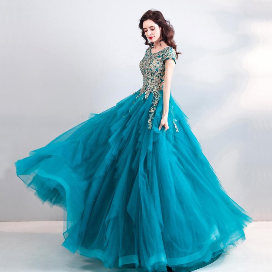 ロングドレス 演奏会 安い カラードレス 青 パーティードレス 二次会