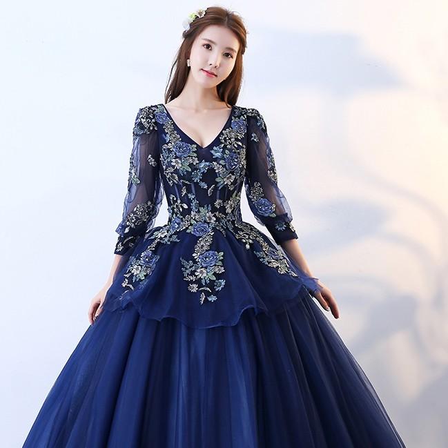 ロングドレス 演奏会 長袖 カラードレス 青 結婚式 安い ウエディング