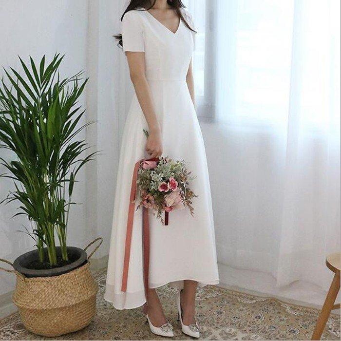 半袖 ミモレ丈 ウェディグドレス 二次会 花嫁 パーティドレス 結婚式