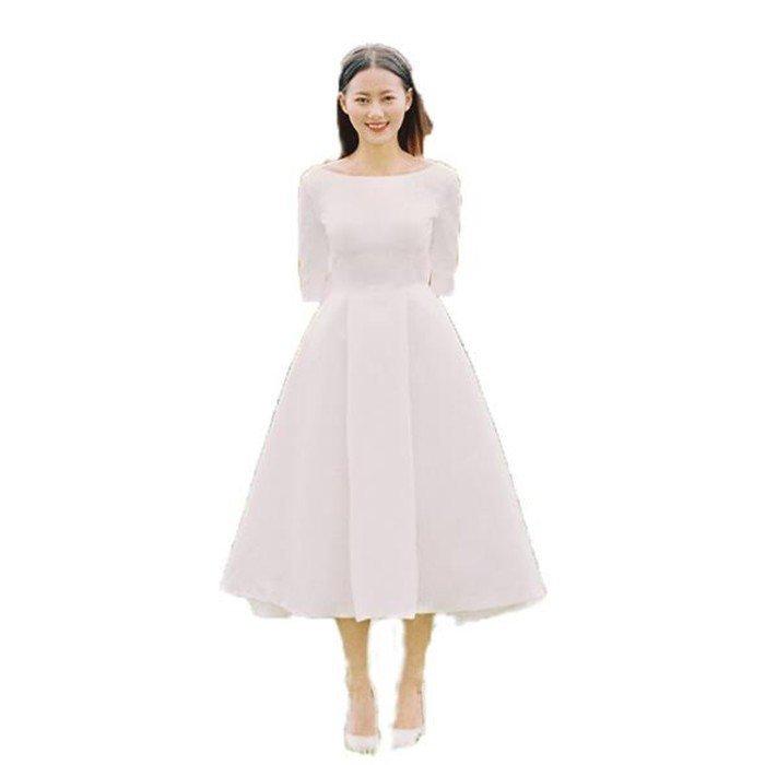 長袖 ミモレ丈 ウェディグドレス 二次会 花嫁 パーティドレス 結婚式 白 ワンピース 演奏会 大きいサイズ 小さいサイズ ドレス 発表会 安い 前撮り_4