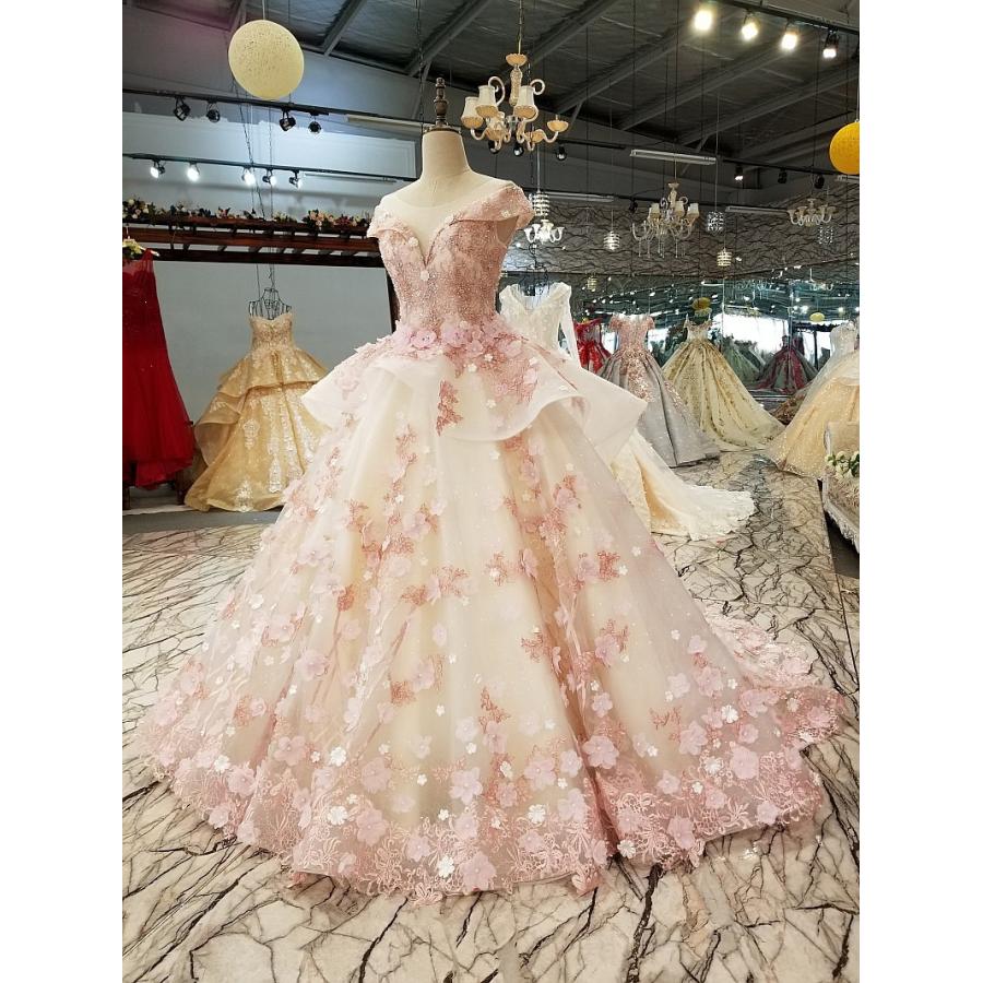 ウエディンドレス プリンセスライン ロング丈 ピンク フラワー 超豪華 レース 洋装 結婚式 二次会 演奏会 花嫁 撮影 編み上げ コンサート 大きいサイズの画像