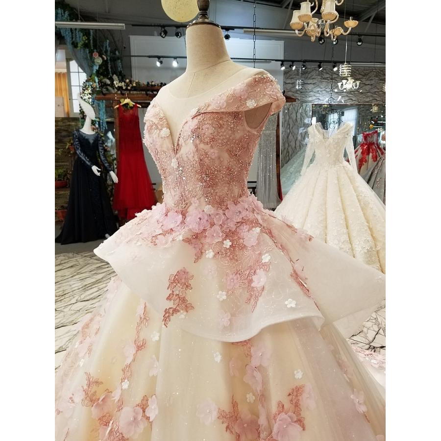 ウエディンドレス プリンセスライン ロング丈 ピンク フラワー 超豪華 レース 洋装 結婚式 二次会 演奏会 花嫁 撮影 編み上げ コンサート 大きいサイズの画像