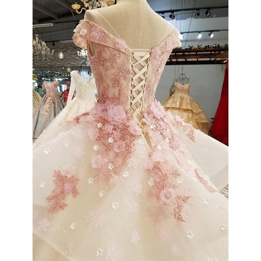 ウエディンドレス プリンセスライン ロング丈 ピンク フラワー 超豪華 レース 洋装 結婚式 二次会 演奏会 花嫁 撮影 編み上げ コンサート 大きいサイズの画像