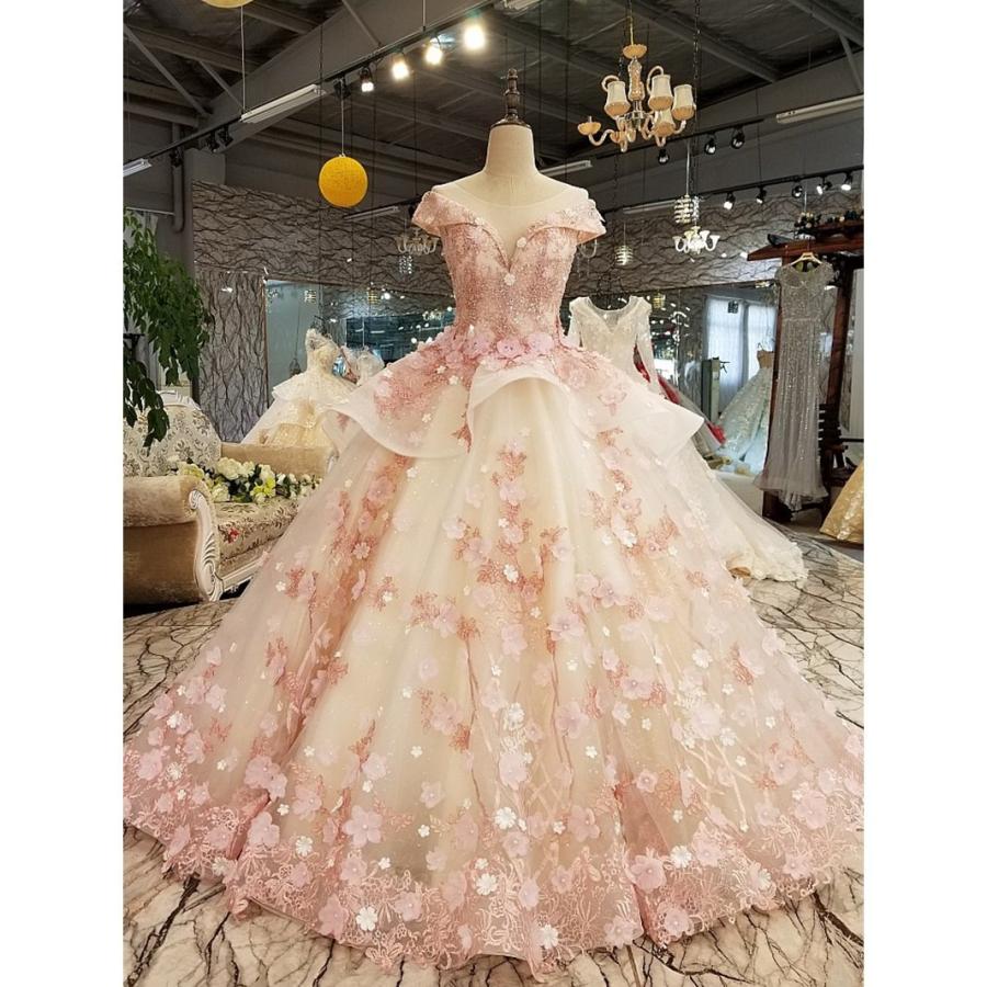 ウエディンドレス プリンセスライン ロング丈 ピンク フラワー 超豪華 レース 洋装 結婚式 二次会 演奏会 花嫁 撮影 編み上げ コンサート 大きいサイズの画像