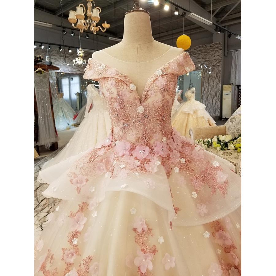 ウエディンドレス プリンセスライン ロング丈 ピンク フラワー 超豪華 レース 洋装 結婚式 二次会 演奏会 花嫁 撮影 編み上げ コンサート 大きいサイズの画像
