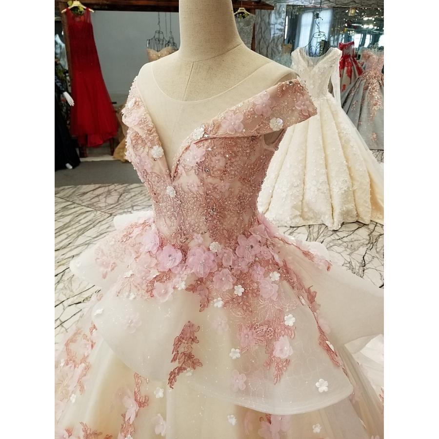 ウエディンドレス プリンセスライン ロング丈 ピンク フラワー ウエディンドレス プリンセスライン ロング丈 ピンク フラワー
