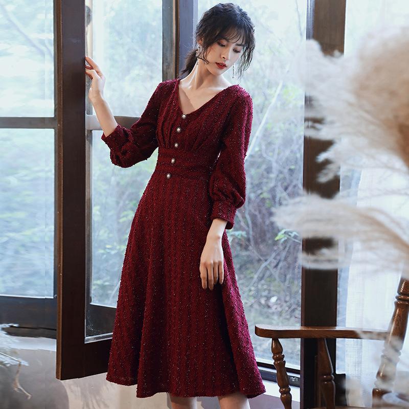パーティードレス お呼ばれ ワインレッド 9分袖 韓国風 秋冬