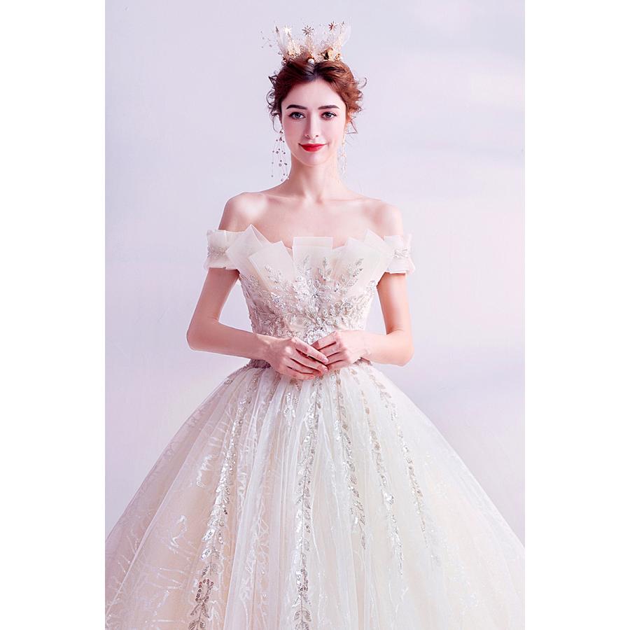 見つけた人ラッキー ウェディングドレス ベージュ 安い 結婚式 花嫁 ロングドレス ブライダル 二次会 パーティードレス 披露宴 プリンセスドレス オフショルダー 大きいサイズ 希少 Www Skylanceronline Com