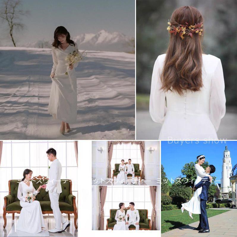 ウェディングドレス 二次会 花嫁 結婚式 Aライン 長袖 シンプル ウェディングドレス 二次会 花嫁 結婚式 Aライン 長袖 シンプル