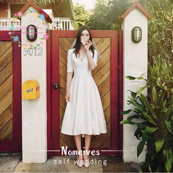 新作 ウェディングドレス 二次会 花嫁 結婚式 Aライン ミモレ丈