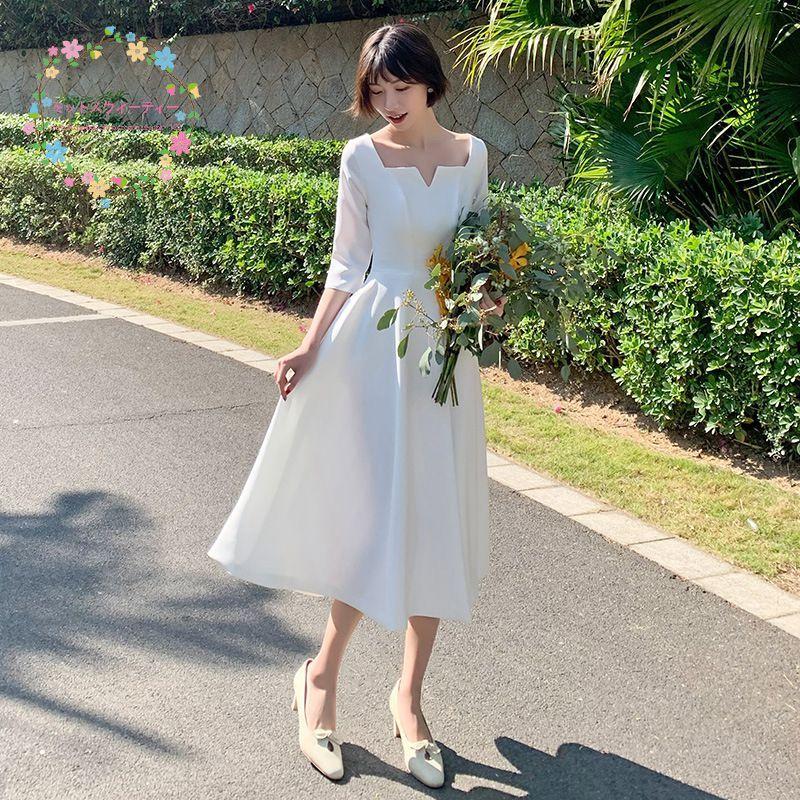 ウエディングドレス 袖あり パーティードレス 結婚式 ワンピース