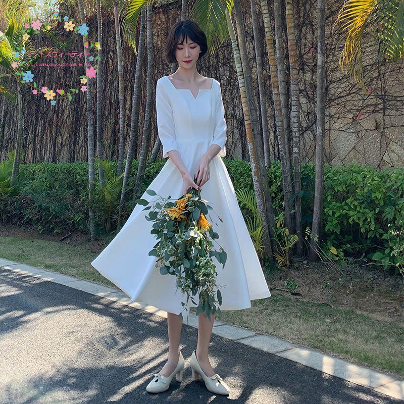 ウエディングドレス 袖あり パーティードレス 結婚式 ワンピース