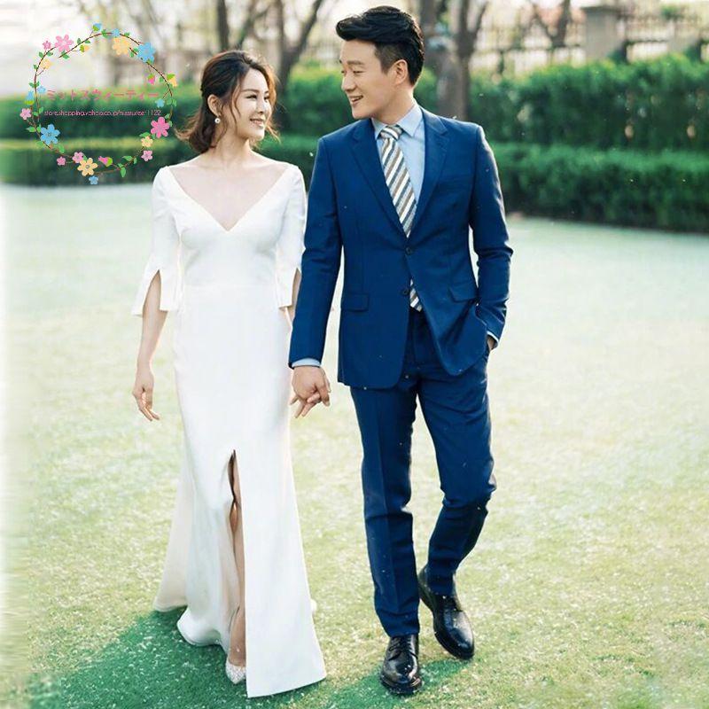 ウエディングドレス エンパイアラインドレス 襟ぐり開き スリット 白 大人 結婚式 二次会 花嫁ドレス 五分袖 袖あり 後撮り ワンピース 安い 大きいサイズ Ds9 ミットスウィーティー 通販 Yahoo ショッピング