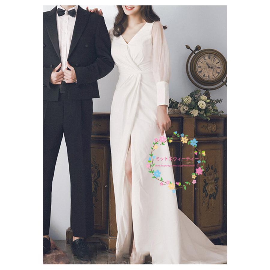 ウエディングドレス フォーマルドレス 袖あり 結婚式ワンピース サテン 