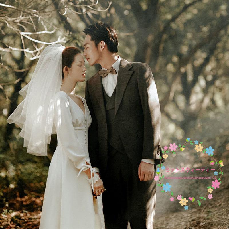 ウェディングドレス Aライン 長袖 Vネック ロングドレス 結婚式 披露宴 