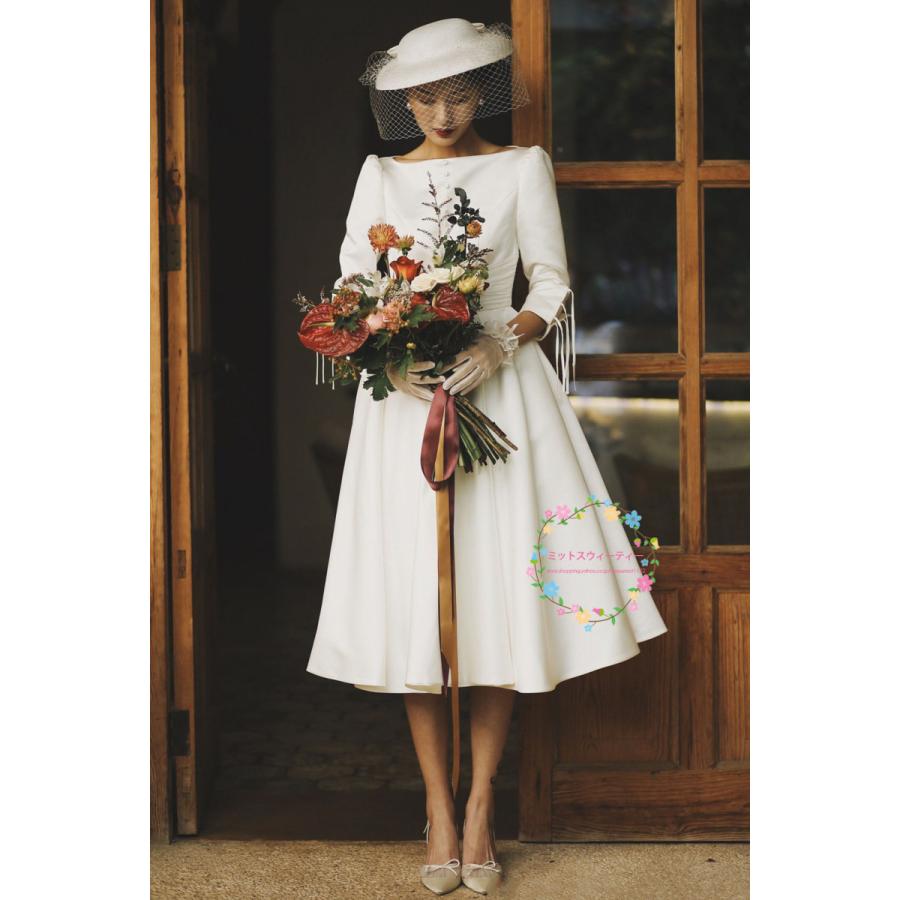 ウェディングドレス Aライン オフホワイト ミディアム丈 スリム