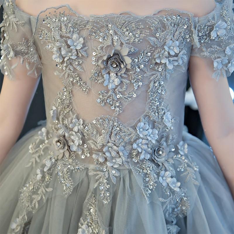 フラワーガールドレス 子供ドレス 女の子 グレー キッズ ミニドレス