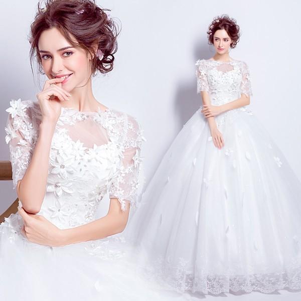 ウエディングドレス 結婚式 半袖 二次会 ウェディングドレス 安い プリンセス エンパイア 花嫁 ドレス 白 披露宴 ロングドレス ブライダル 姫系 wedding dress