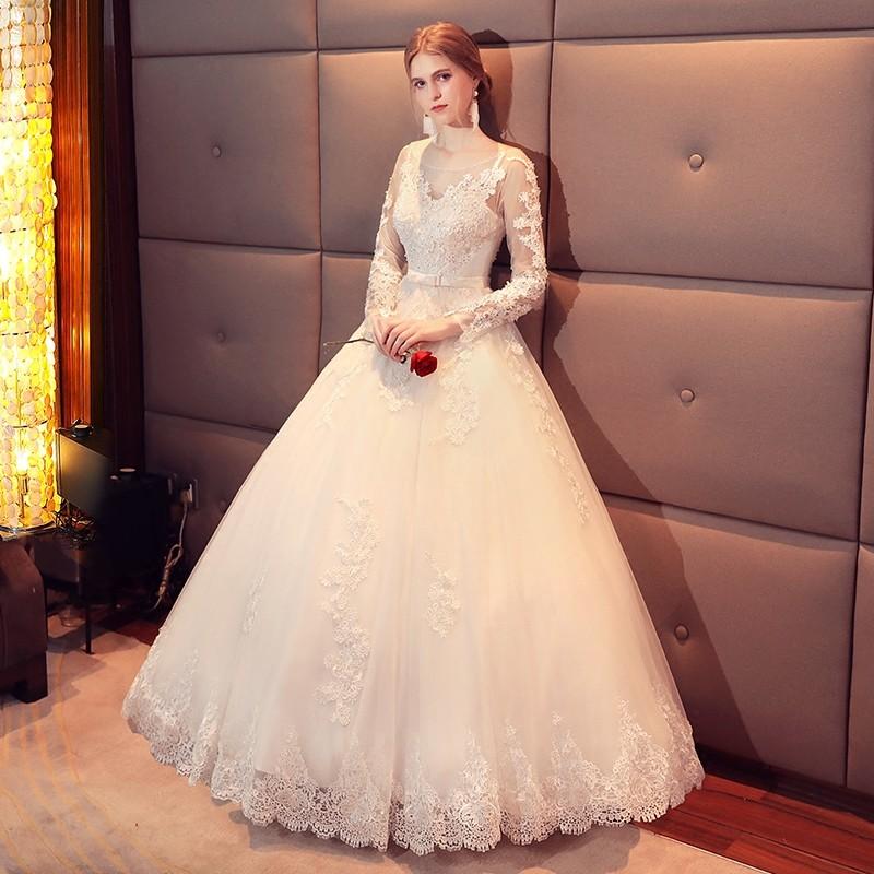 ウエディングドレス 結婚式 二次会 ウェディングドレス 花嫁 エンパイア 長袖 安い プリンセス 披露宴 ロングドレス ブライダル 白 サッシュベルト_1