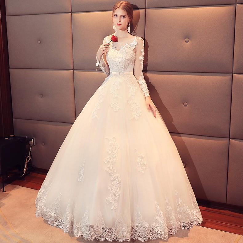 ウエディングドレス 結婚式 二次会 ウェディングドレス 花嫁 エンパイア 長袖 安い プリンセス 披露宴 ロングドレス ブライダル 白 サッシュベルト_2